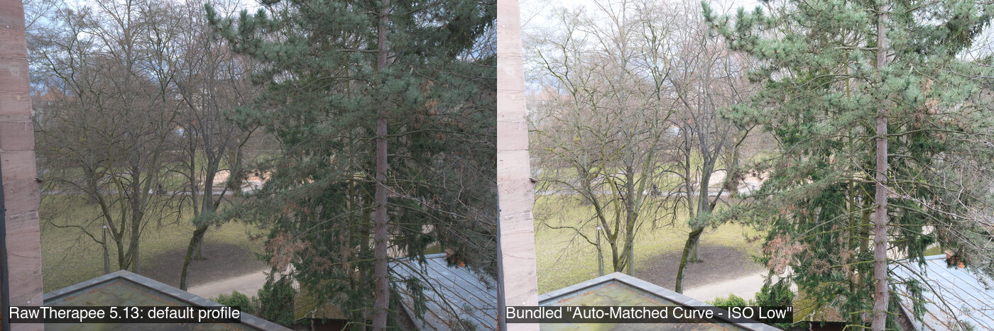 The same Sony A7 III raw file converted by RawTherapee 5.13 with its default profile (left) and its bundled Auto-Matched Curve - ISO Low profile (right)