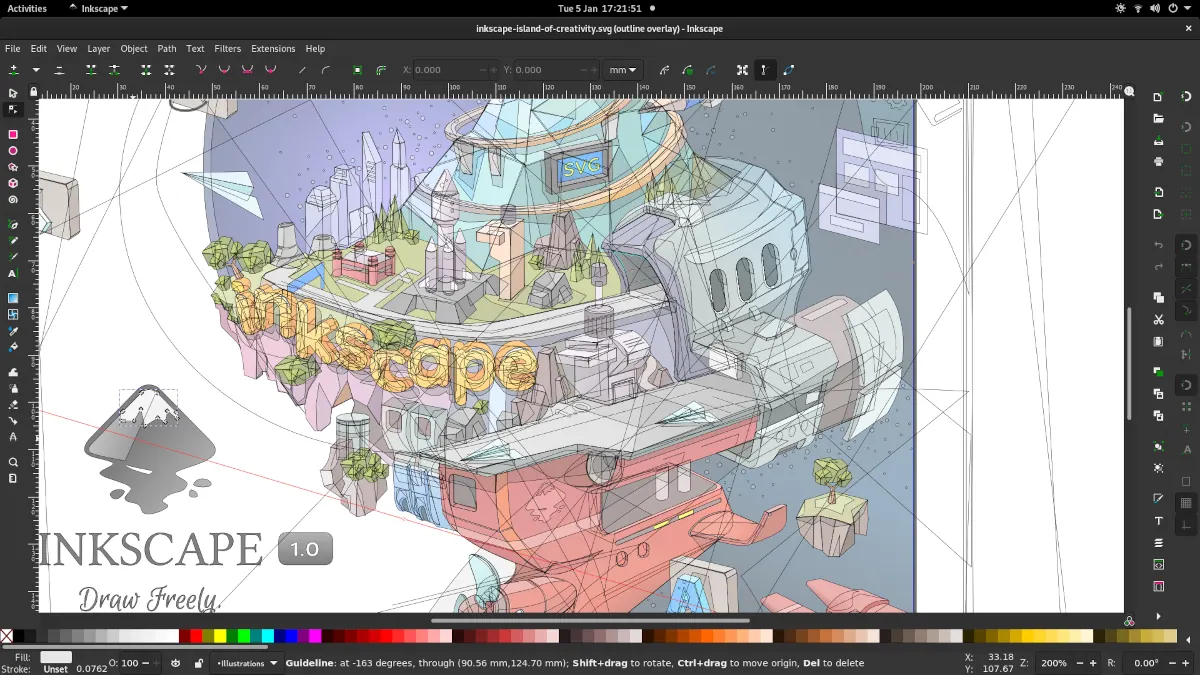 Inkscape 1.1 showing the outline overlay preview, by Moini
